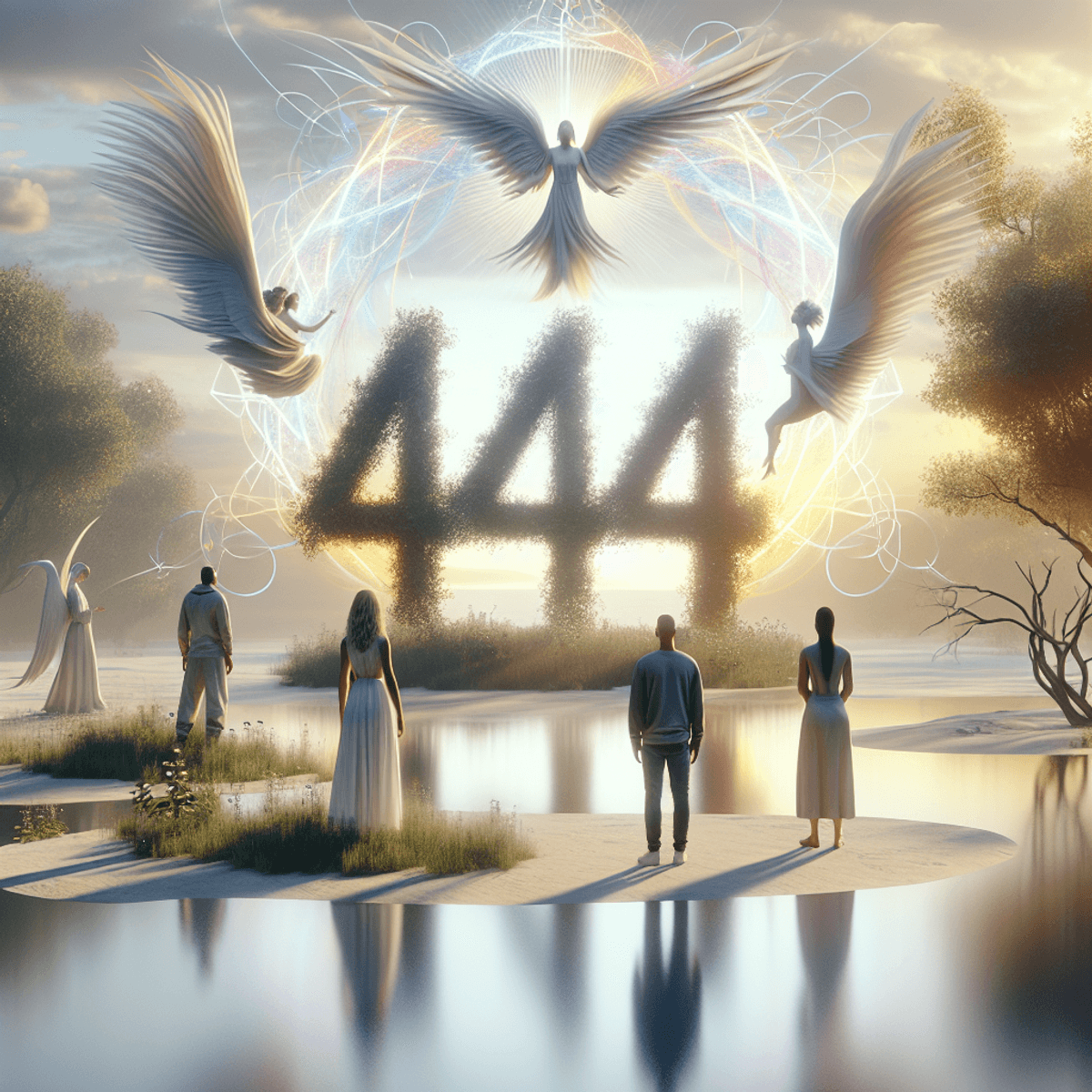 444 angel number, A serene outdoor scene bathed in soft light, featuring the number '444' artistically formed from natural elements like leaves and stones. Surrounding the number are ethereal symbols such as drifting feathers and radiant beams of light. In the foreground, a Caucasian female, a Hispanic male, and an Asian female stand in thoughtful reflection, gazing at the symbolic '444' with expressions of spiritual introspection and connection, embodying support and positivity.