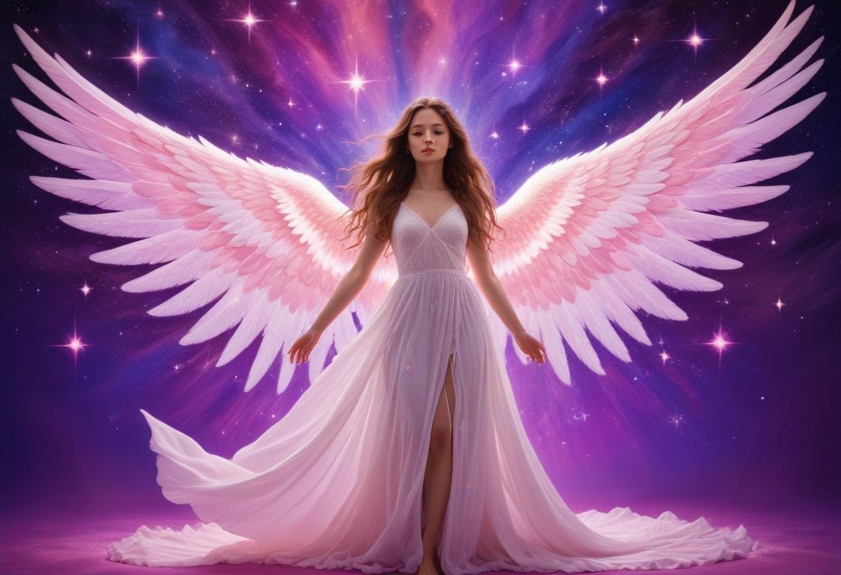 Angelic energies surround a couple in a peaceful, harmonious embrace, representing the balanced, grounded approach to twin flame relationships encouraged by the 4646 angel number.